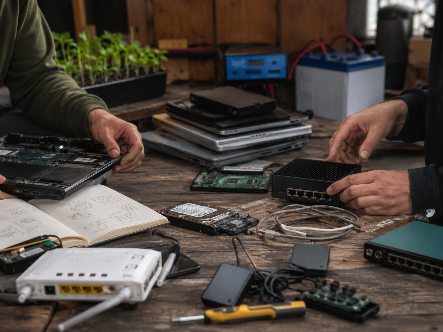 Reclaimed laptops, routers, seedlings, and repair tools on a workshop table